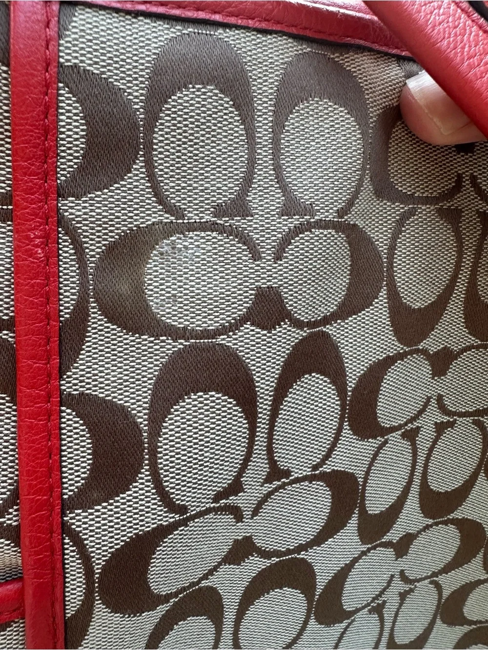 Coach Beige Signature Canvas Tote with Red Trim